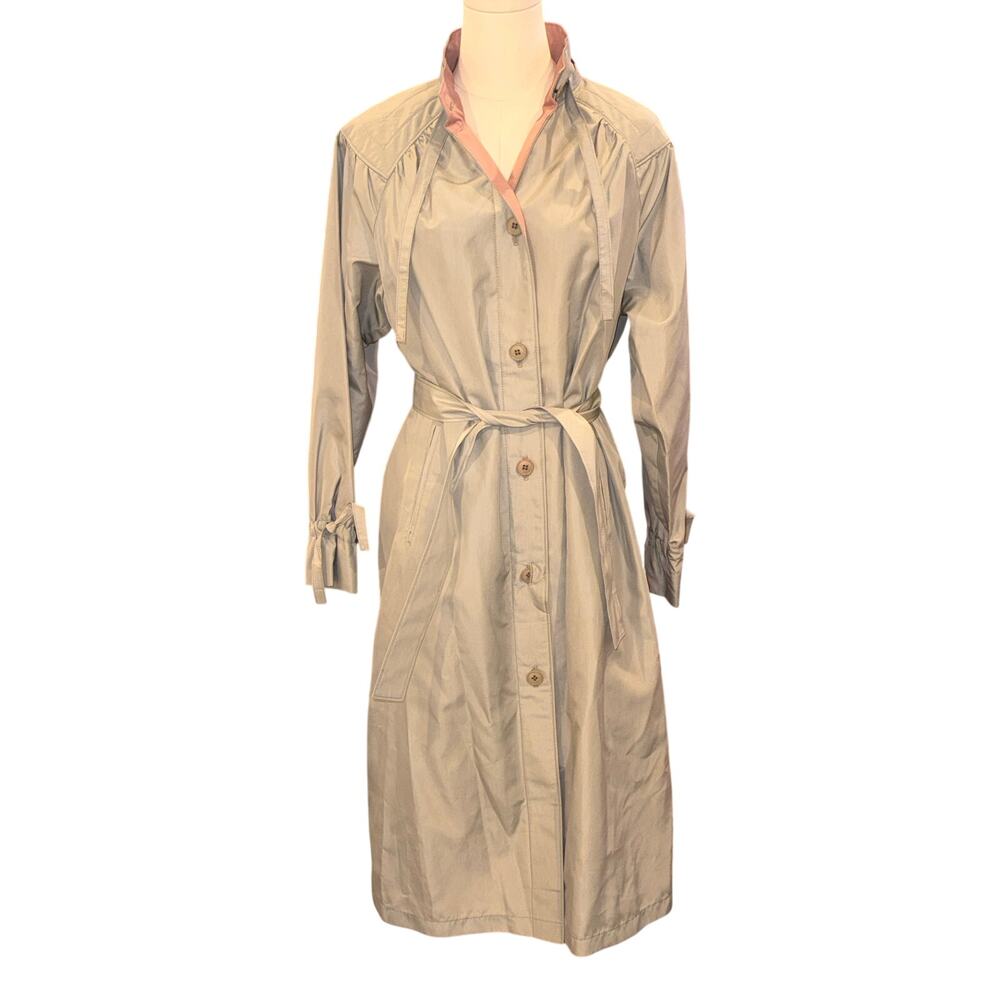 Vintage 80s London Fog Trench Coat Belted Raincoat USA ACTWU Petite 12 Gray Pink